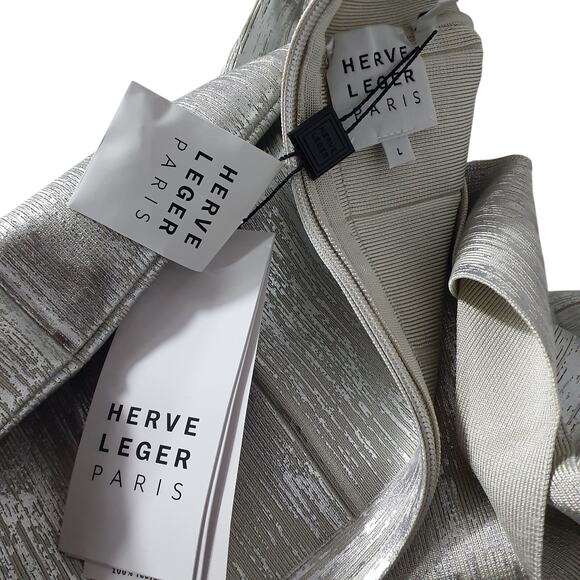 Herve Leger Sleek Silver Halter Crossback Midi Size L Dress NWT - Picture 4 of 5